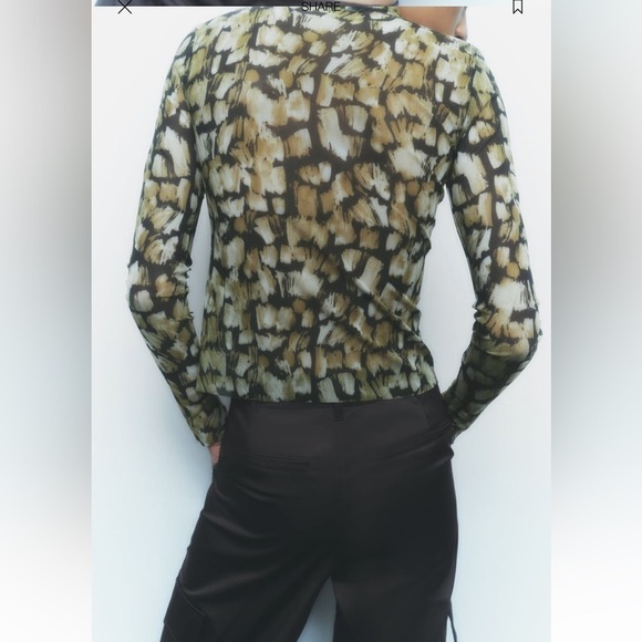 Zara PRINTED TULLE BLACK GREEN Cropped Top sheer SZ M - Picture 3 of 10